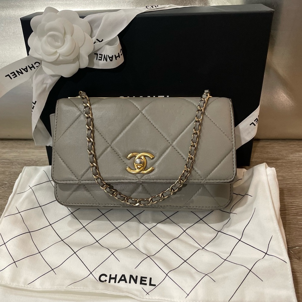 Chanel Grey/Gray Lambskin Quilted CC Wallet On Chain w/ Champagne Gold Hardware
